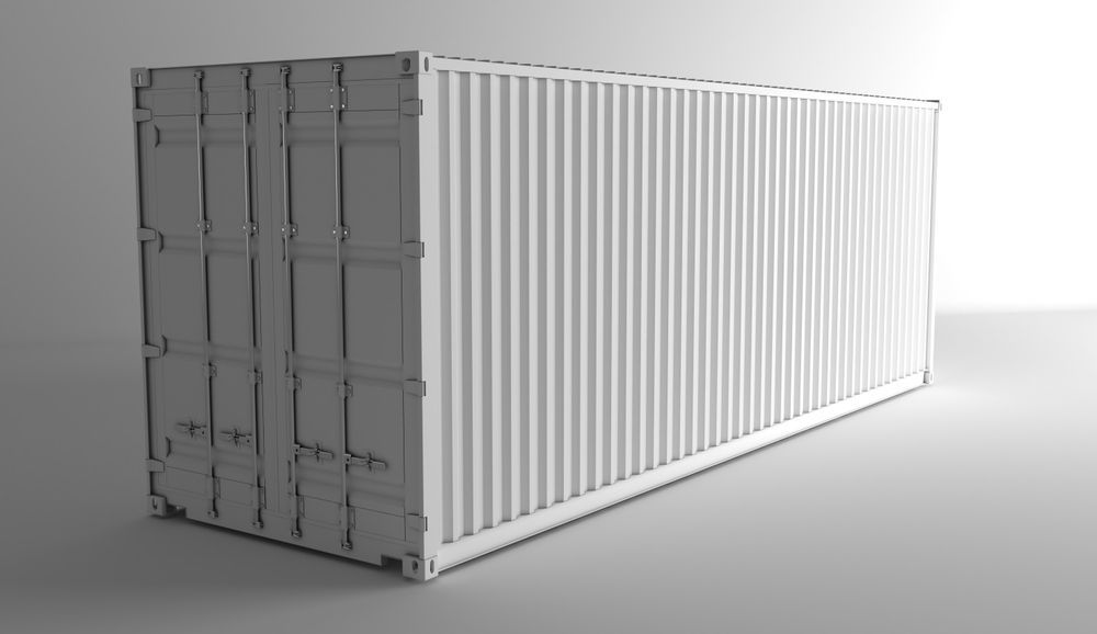 White shipping container, vertical corrugated sides, closed doors, indoors, bright lighting.