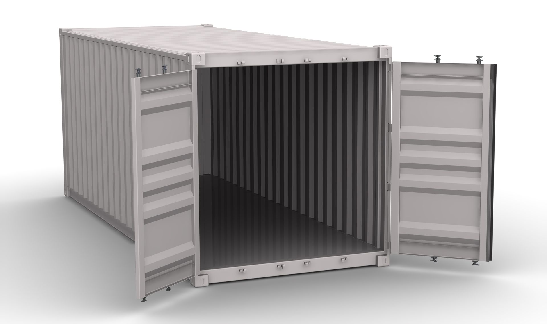 Empty, open white shipping container, doors ajar.
