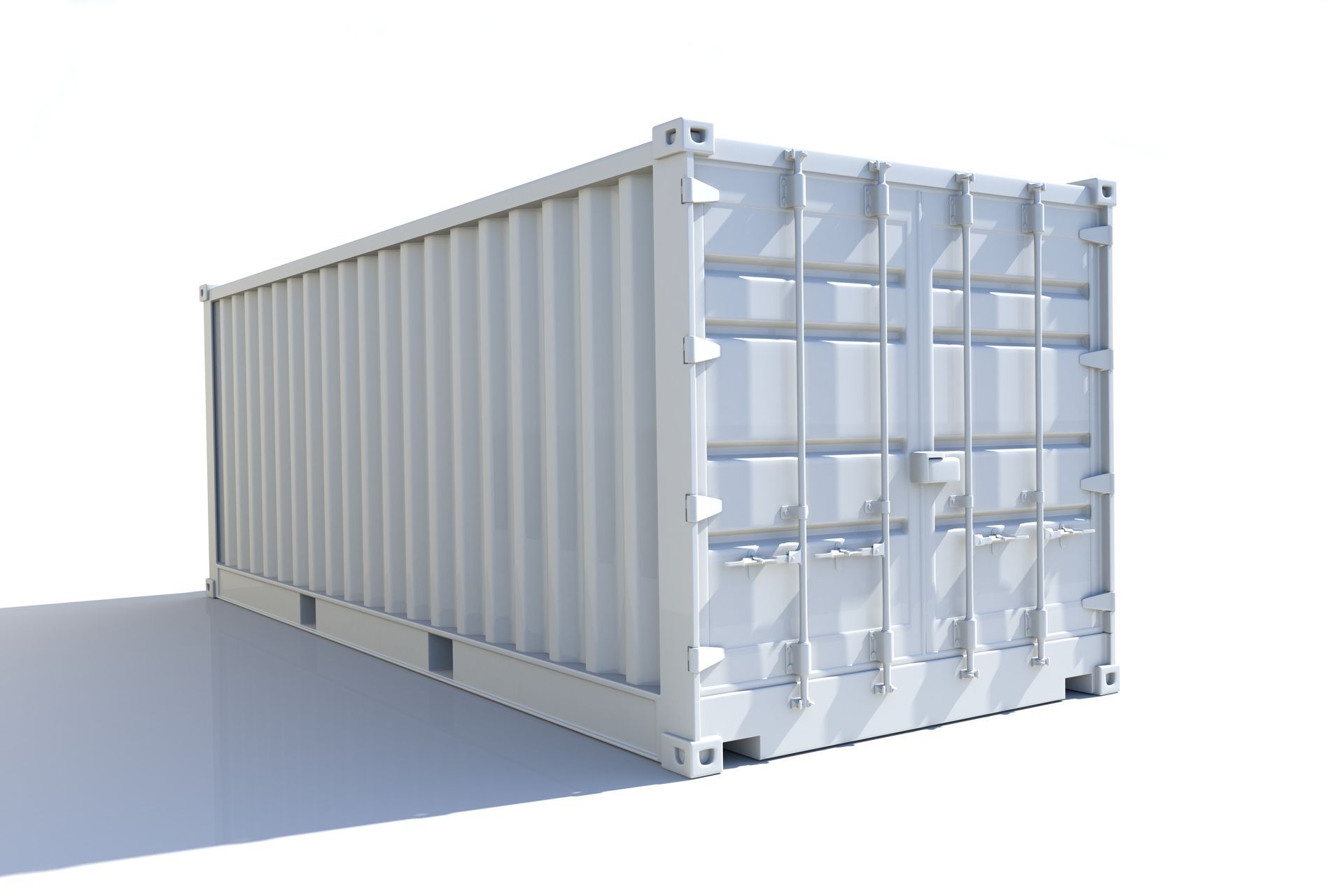 White shipping container on a white surface, with a shadow.