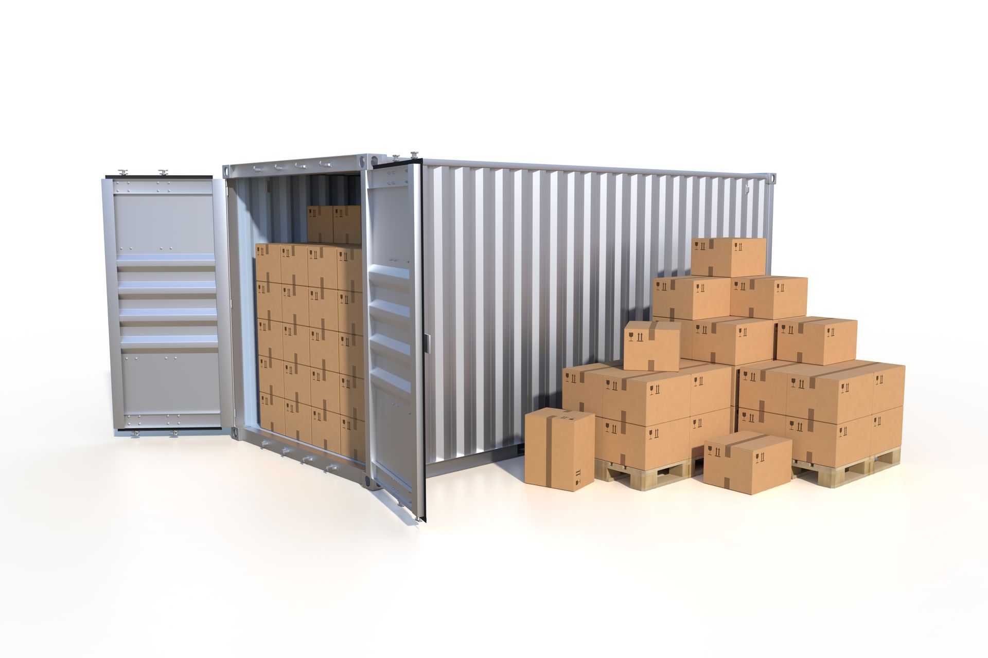 Shipping container with open doors, partially filled with cardboard boxes, and a pile of boxes outside.