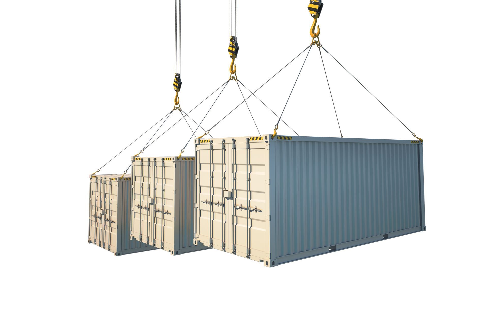 Three shipping containers of varying sizes are suspended by cranes against a white background.
