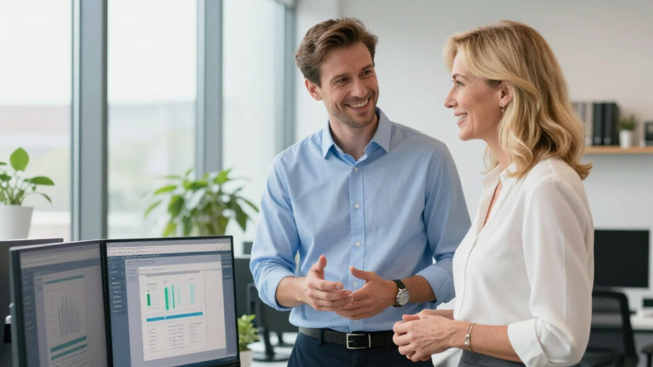 Man and woman in office looking at computer screen, discussing charts, smiling. Business solutions