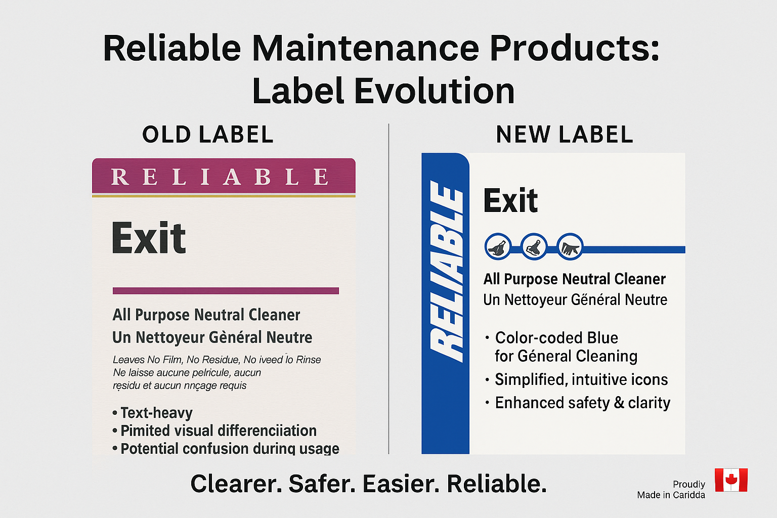 Old and new labels of Exit, a product of Reliable Maintenance Products.