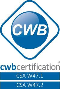 Logo de certification CWB avec des éléments bleus et blancs ; comportant le texte « Certification CWB » et « CSA W47.1 et W47.2 ».