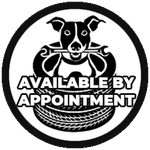 A black and white logo with a dog and a tire that says `` available by appointment ''.