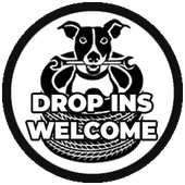 A black and white logo with a dog and the words `` drop ins welcome ''.