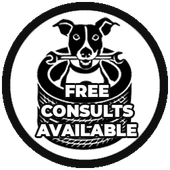 A black and white logo with a dog and a tire that says `` free consults available ''.