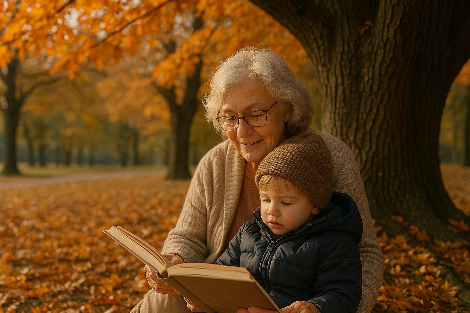 An elderly woman is reading a book to a little boy in a park.