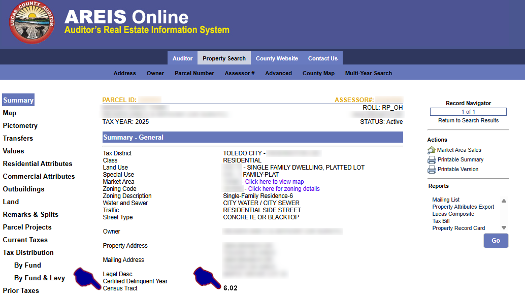 Areis Online website graphic showing where to find the Census Tract number