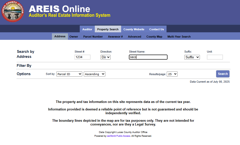 AREIS Online Property Search staring page