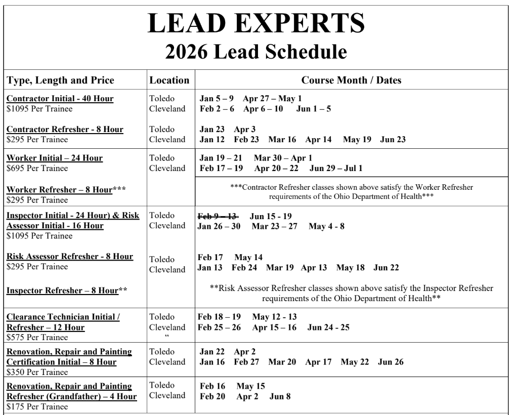 Lead Training Opportunity - Funding Available Through June 30, 2026 - Training Schedule