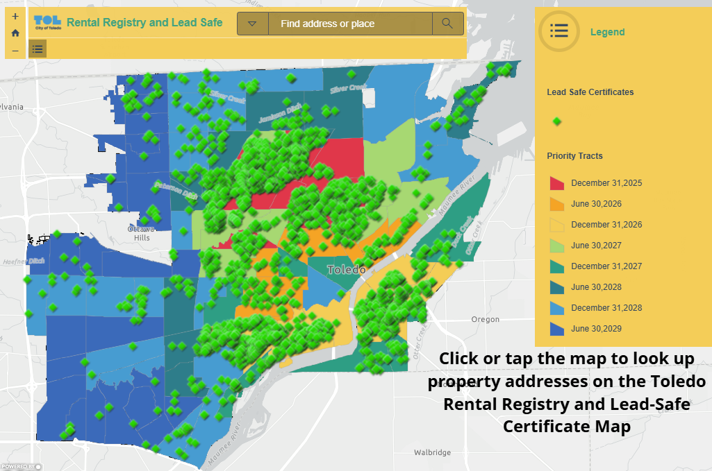 Click or tap the map to look up property addresses on the Toledo Rental Registry and Lead-Safe Certificate Map