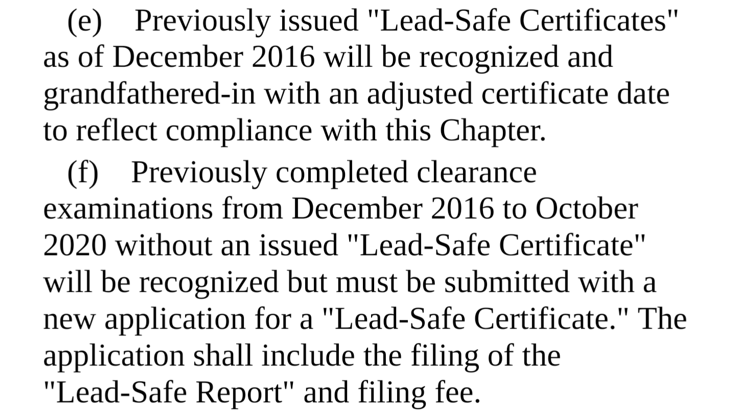 Previously Issued Lead Safe Certificates