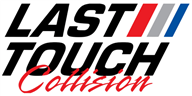 Logo for Last Touch Collision in black and red, with a red, gray, and blue vertical stripe design.