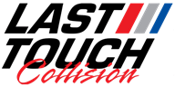 Logo for Last Touch Collision, black text with red, gray, and blue stripes, and red "Collision".