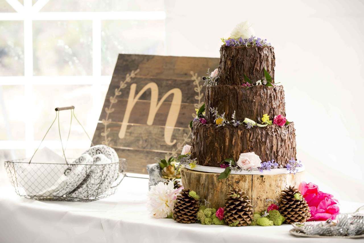 A wedding cake is sitting on top of a wooden stump on a table.