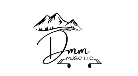 A black and white logo for a music company with a mountain in the background.
