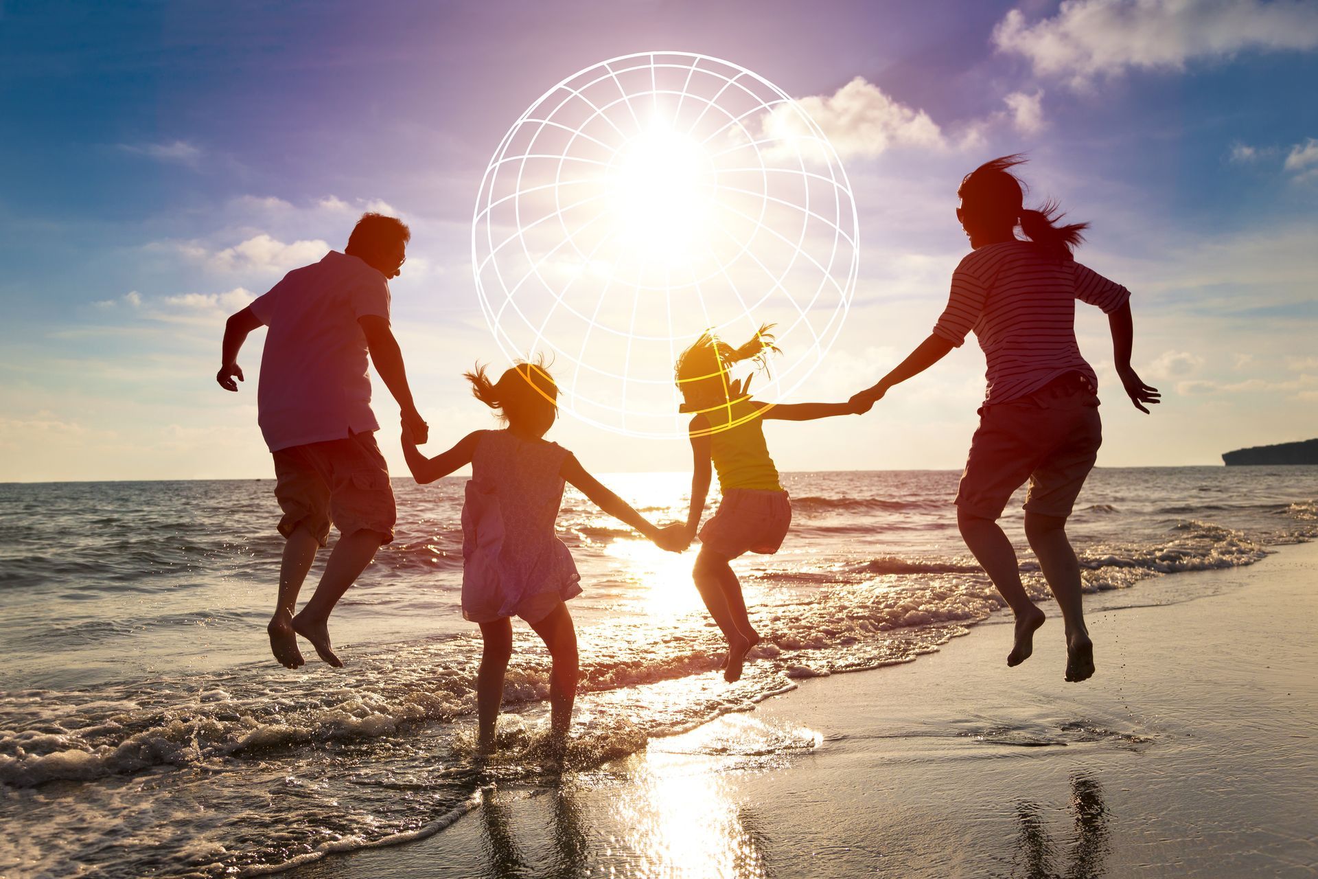a family having fun on the beach with the United Insurance logo overlay 