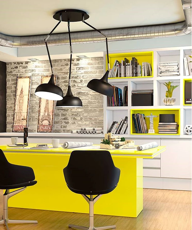 escritório e home office com móveis planejados amarelo e branco