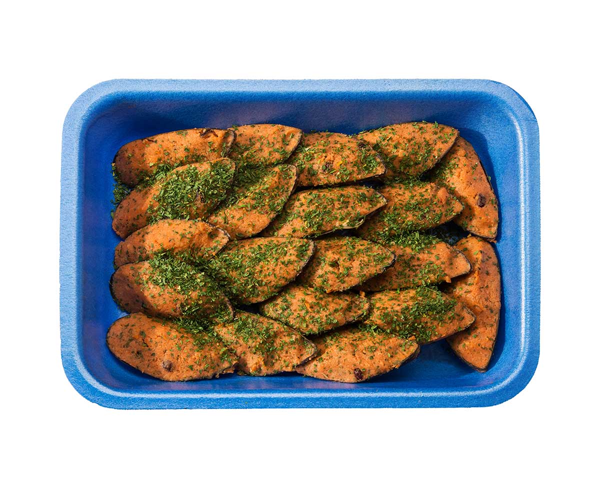 cozze gratinate in vaschetta di polistirolo