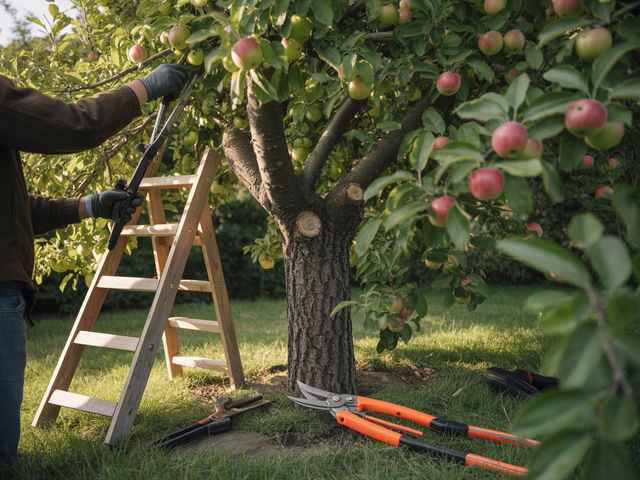 An arborist wearing safety gear uses a chainsaw to trim a tree branch from a yellow aerial lift bucket.