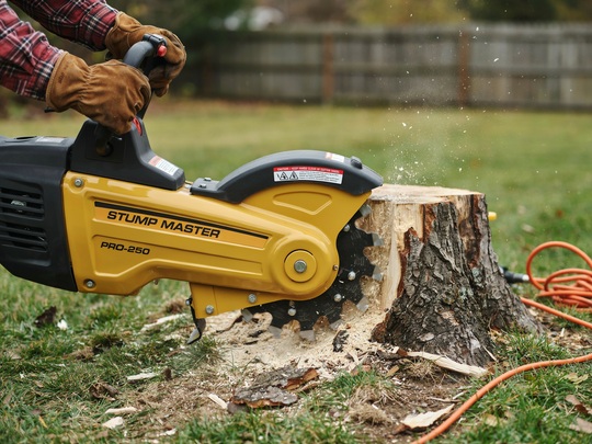 Worker using a yellow chainsaw to cut a tree stump outdoors