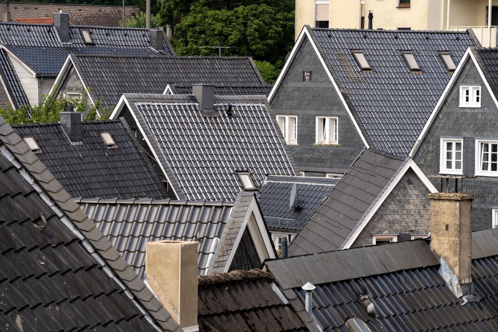 Slate rooftops clustered together in a residential neighborhood, with chimneys and dormer windows