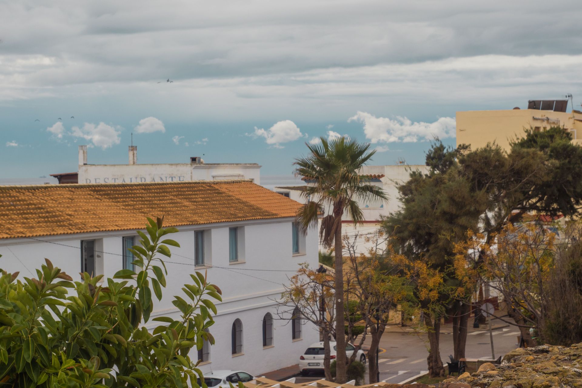 White building with terracotta roof, palm trees, and a cloudy blue sky in a coastal town