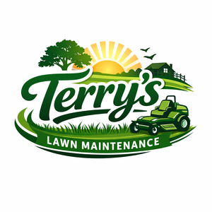 Terry's Lawn Maintenance logo with a green lawnmower, tree, house, and sun. Dark green text on a curved banner.