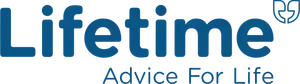 A blue and white logo for lifetime advice for life