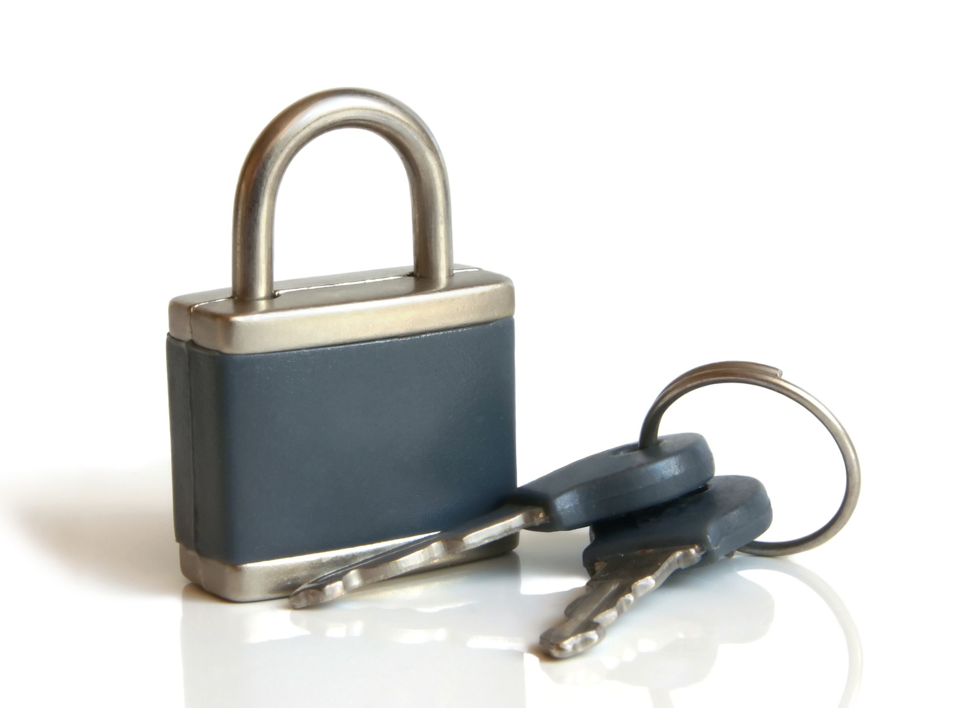 Black padlock with two silver keys on a keyring, representing secure locksmith by Dixie Safe & Lock 