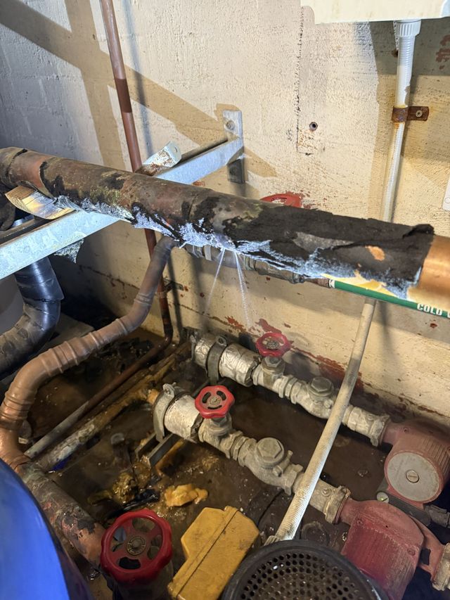 A pipe is leaking water in a room with a lot of pipes.