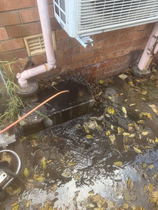 A hose is connected to a drain next to a brick wall.