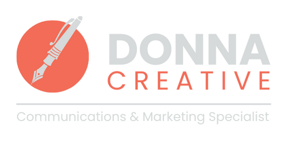 Logo for Donna Creative: red circle with pen, gray letters 