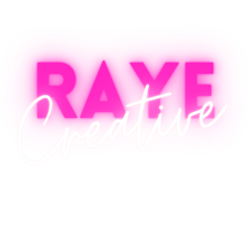 A pink and white logo for raye creative