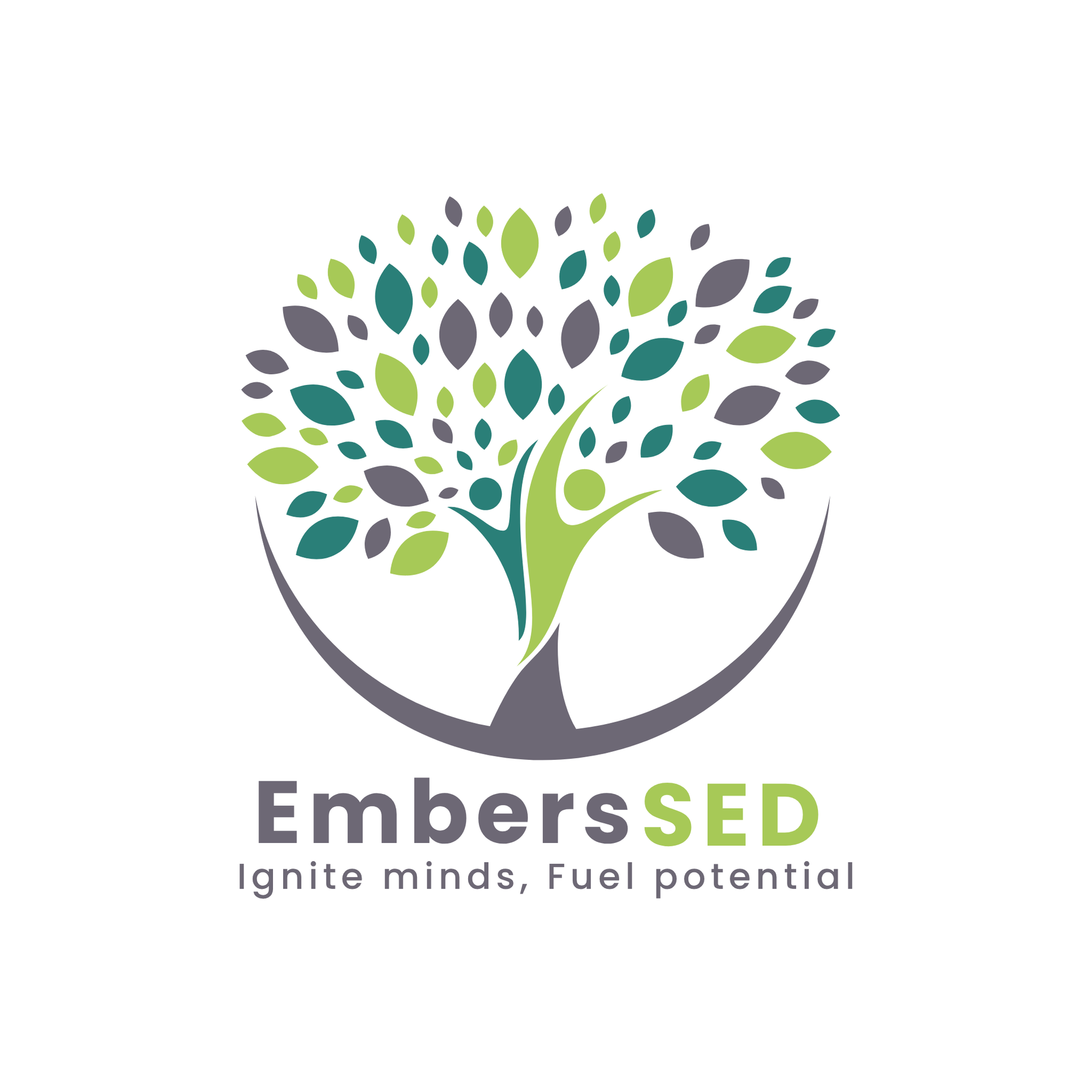 Embers SED logo: Tree with human figure, green/blue leaves, grey arc, text 