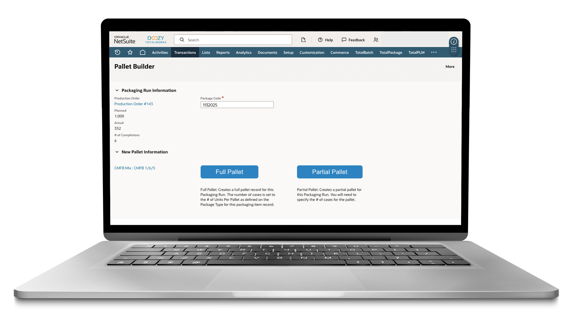 An image of a laptop with a Doozy TotalPackage NetSuite SuiteApp dashboard for pallet building.