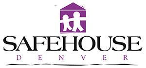 The logo for safehouse denver has a purple house with two people inside of it.