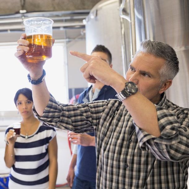 A brewery professor explaining the fermentation process to students studying brewery science