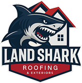 Land Shark Roofing & Exteriors logo with a blue shark and red-and-blue house roof emblem