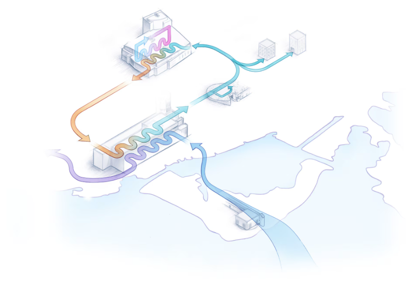 An isometric diagram of a power plant with a river running through it.