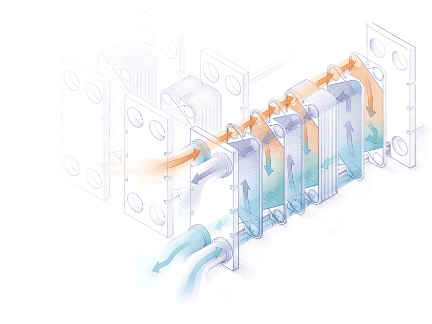 An isometric drawing of a heat exchanger with water coming out of it.