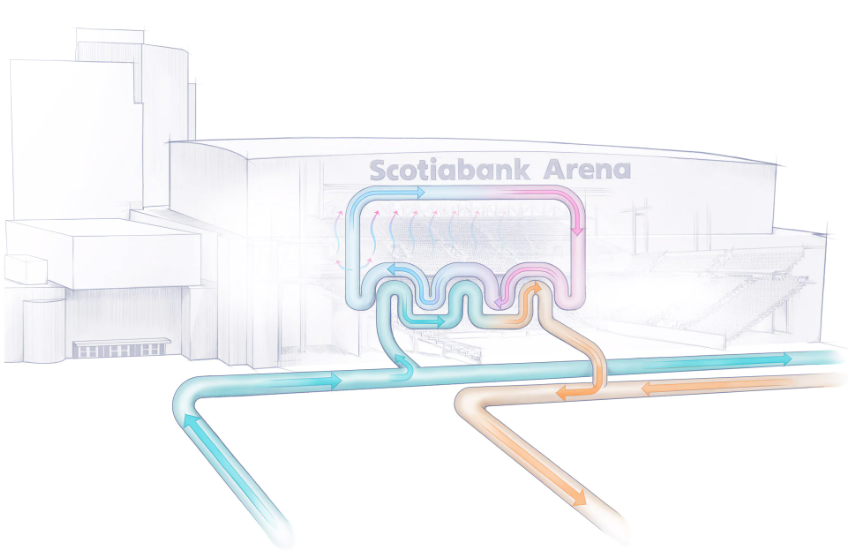 A drawing of a building with a lot of pipes coming out of it.