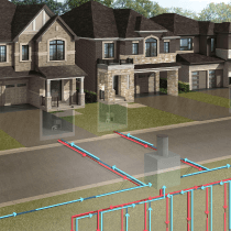 A drawing of a house with a lot of pipes in front of it