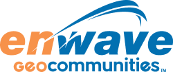 A blue and orange logo for erwave geocommunities