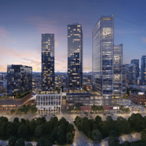 An artist 's impression of a city skyline at night with a lot of tall buildings.