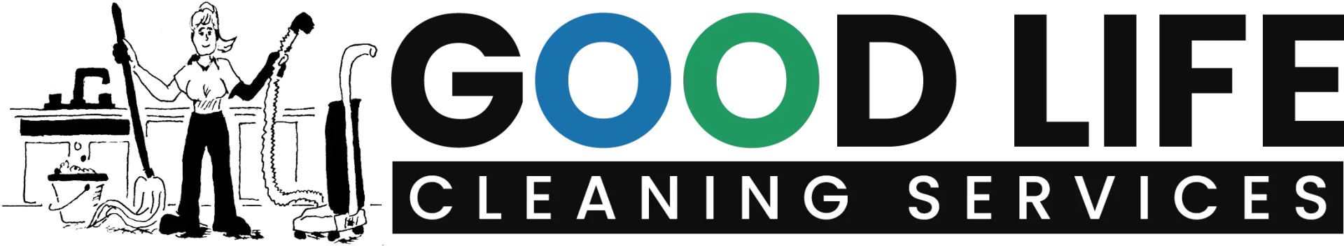 Good Life Cleaning Services logo with black and green text and a house silhouette