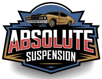 Absolute Suspension logo, red, white, blue, and gold logo with gold car above