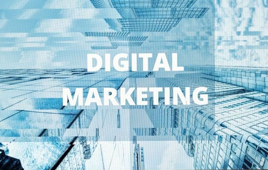 Digital Marketing text over abstract, blue, digital background.