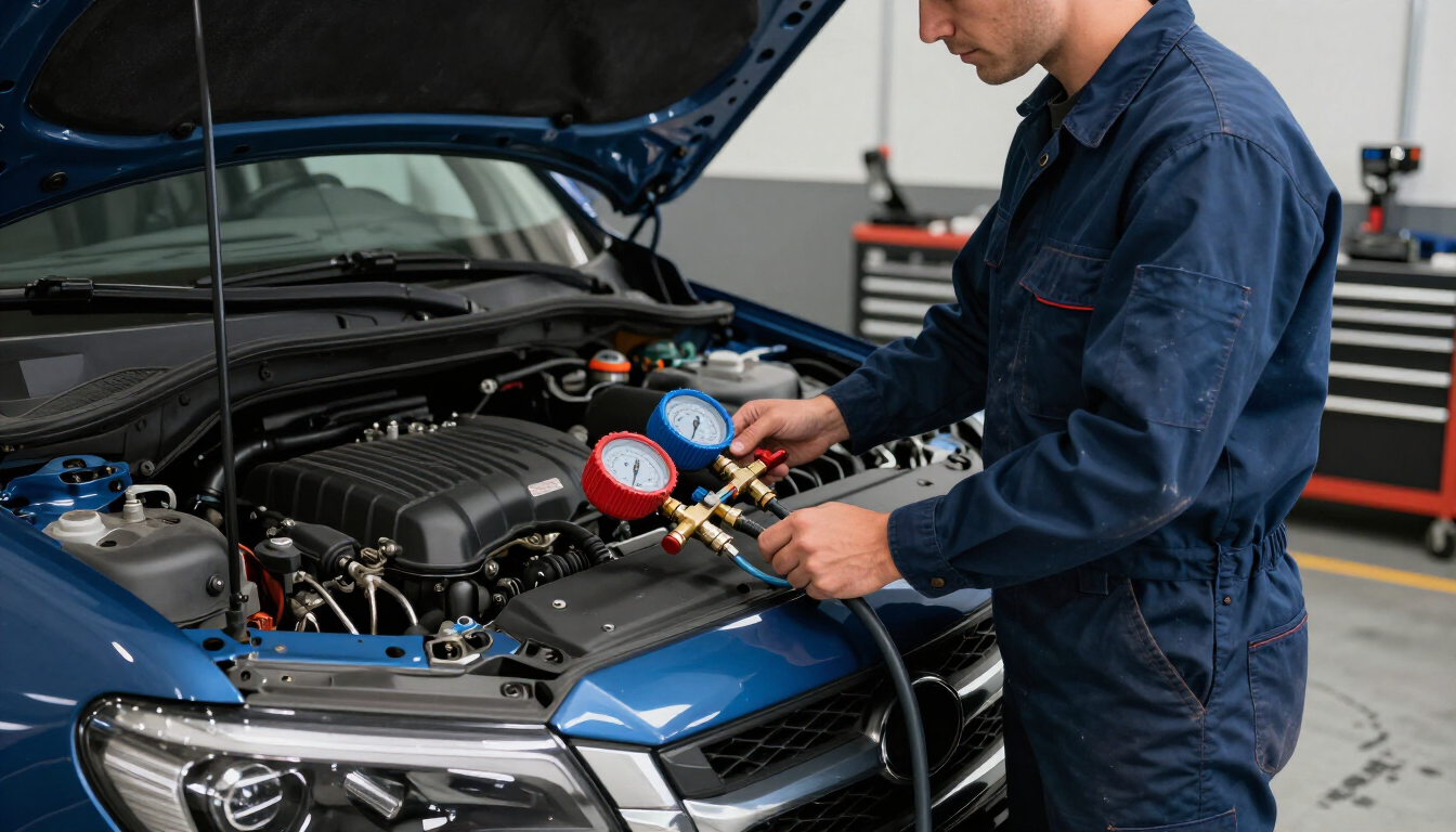 Mechanic checking car AC system with professional tools